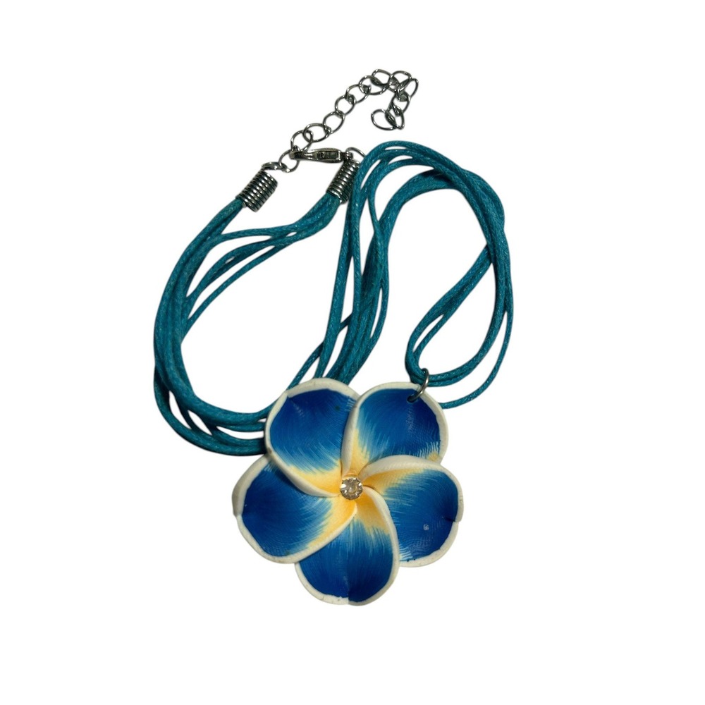 Blue Yellow Plumeria Flower Pendant Necklace Multi Strand Teal‎ Cord Tropical